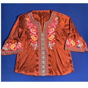 Women's Embroidered Boho Peasant Top Blouse Rust Color Size Large 100% Polyester